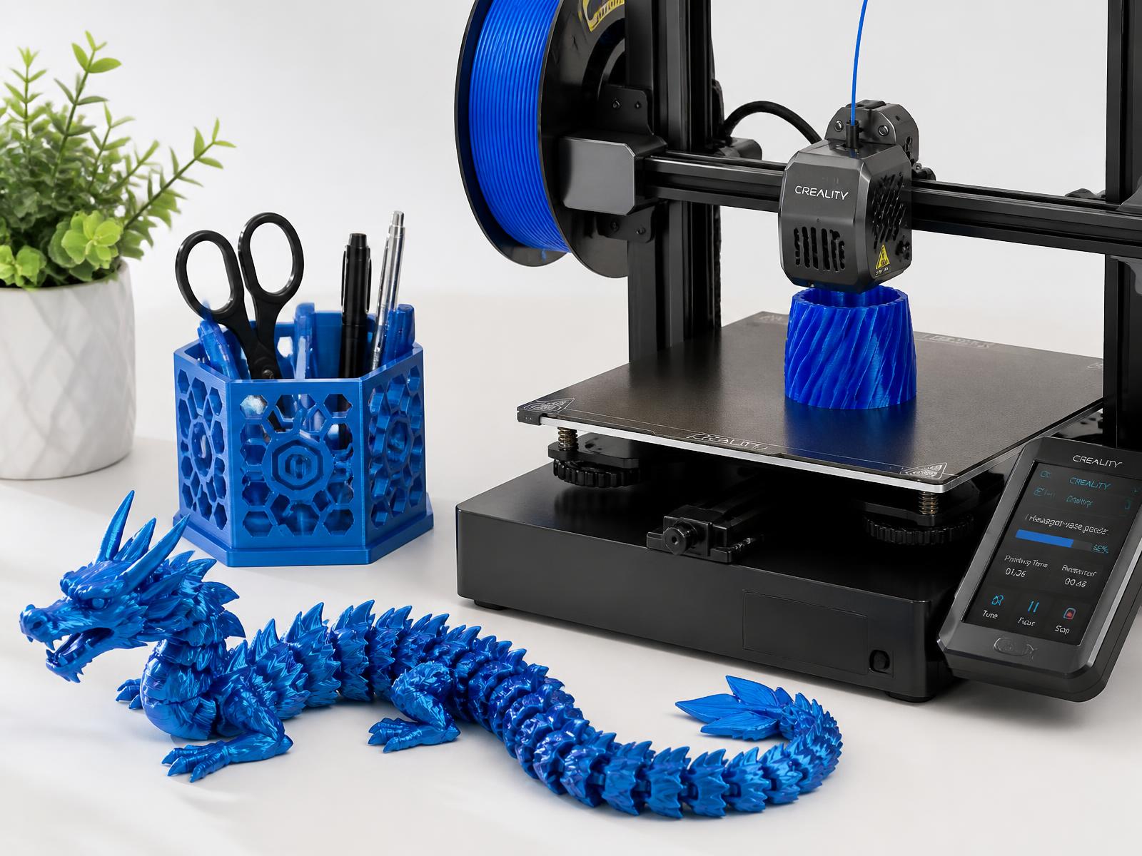 3D printed products beside a working 3D printer